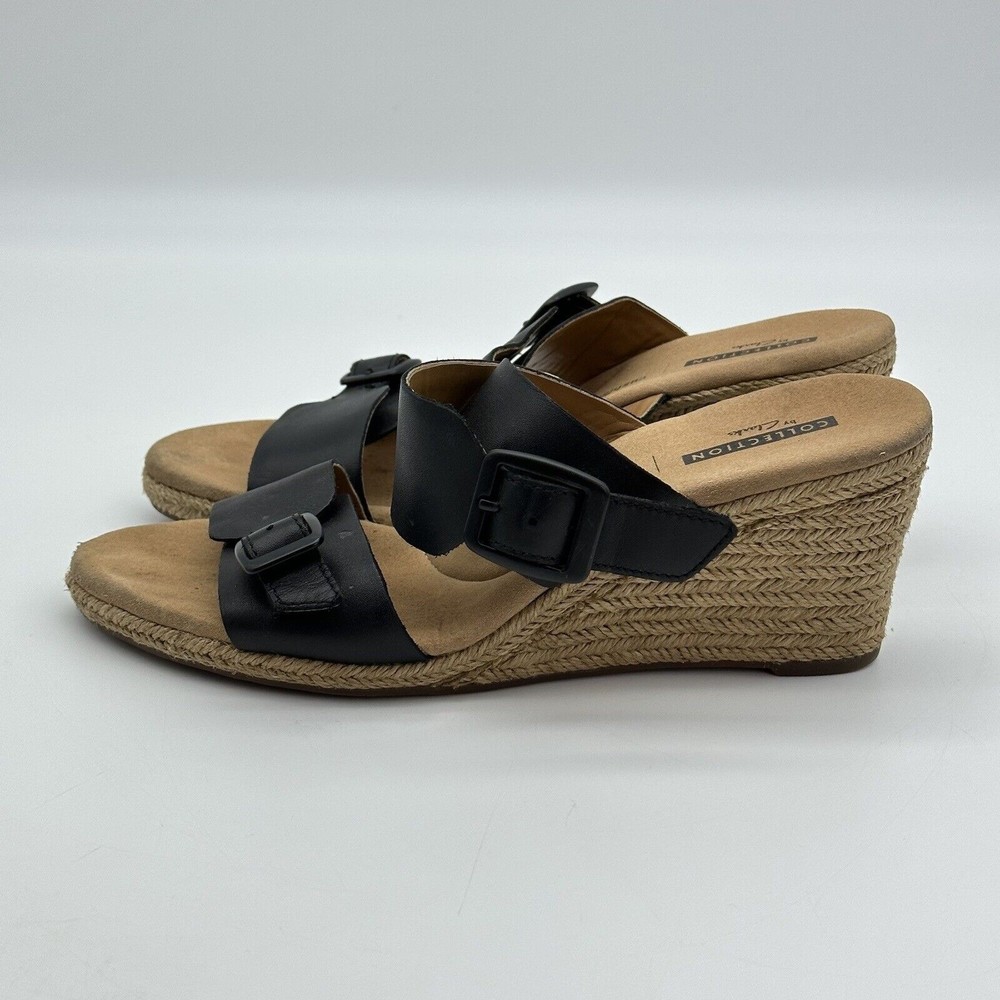 Clarks Lafley Devin Black Leather Wedge Sandal Women’s Size 7.5
